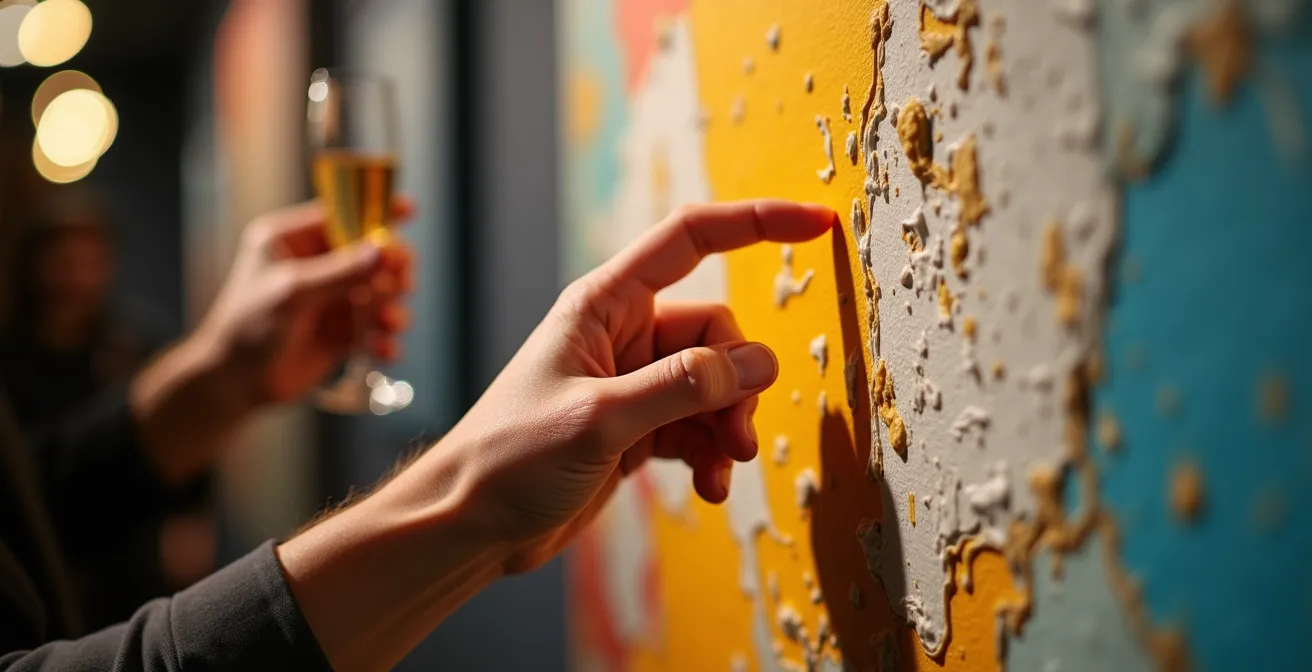 Close-up of hands gesturing toward abstract artwork texture during gallery discussion