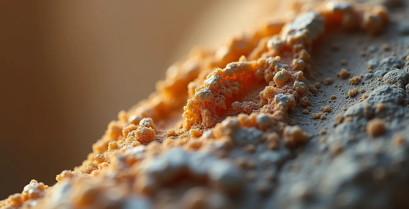 Microscopic view of limestone deterioration from visitor humidity and CO2