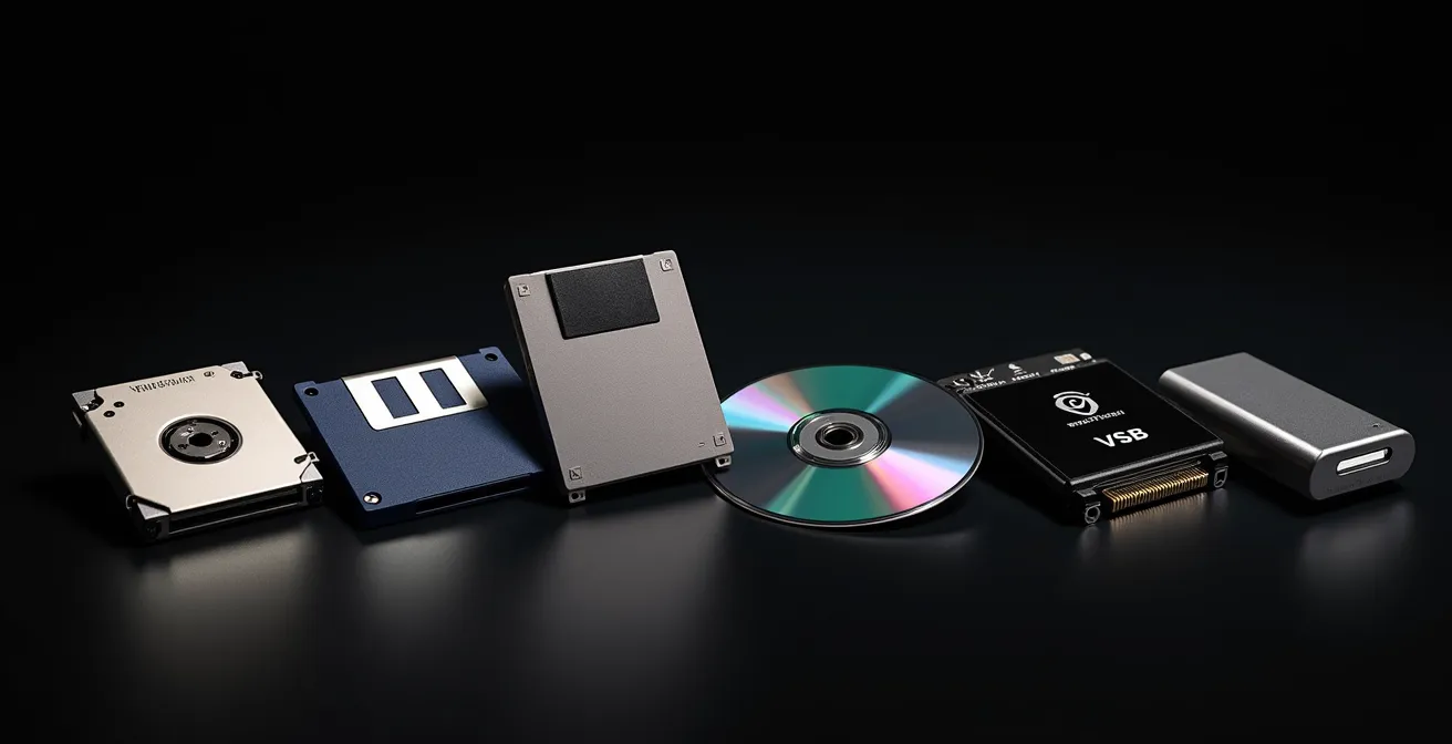 Collection of storage media from different eras arranged artistically