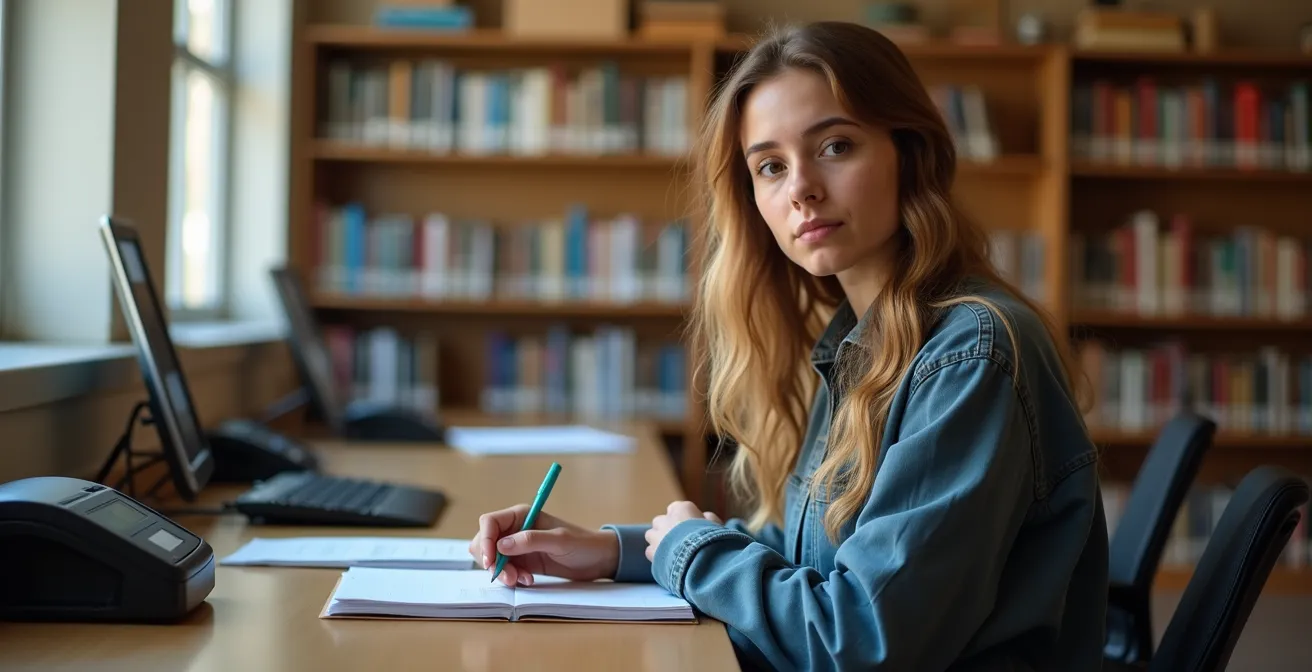Student working at library desk with textbooks open, demonstrating work-study balance