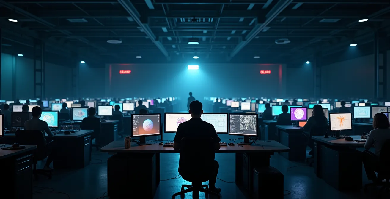 VFX artist working late hours on complex computer-generated imagery