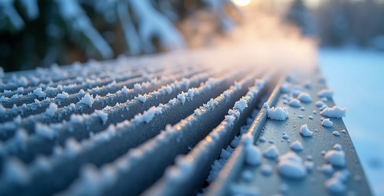 Heat pump outdoor unit operating in snowy conditions with visible heat vapor