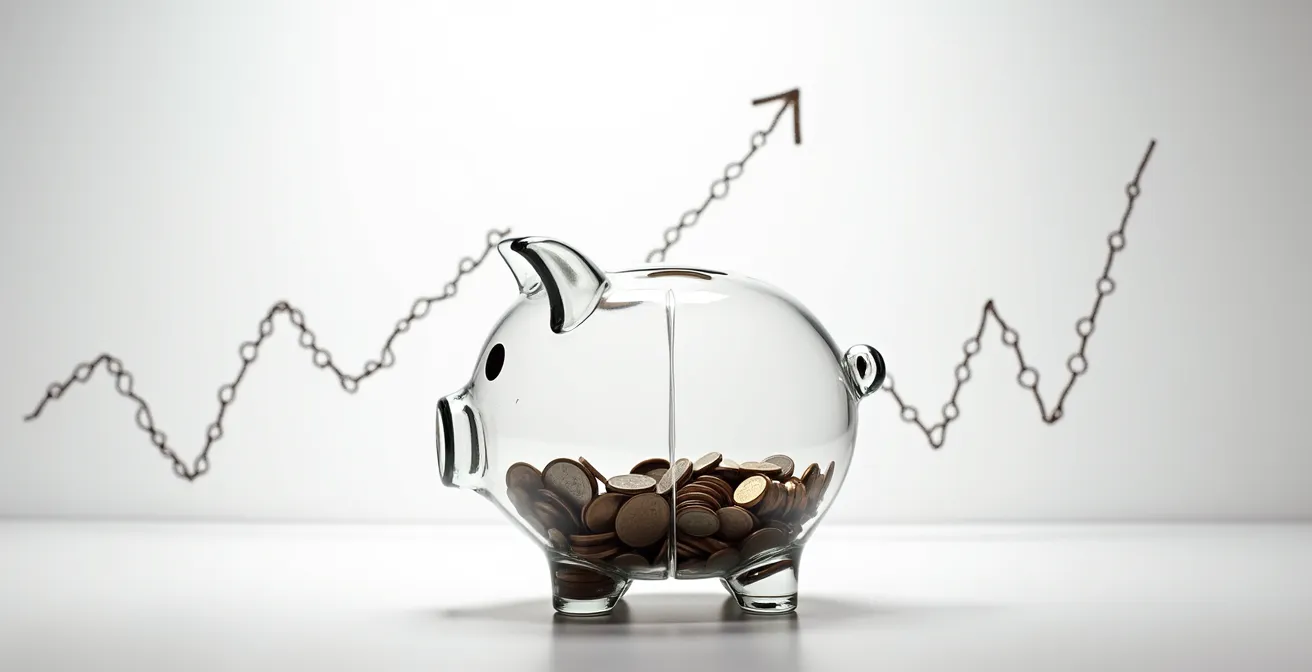Split-screen visualization comparing 5% versus 20% down payment scenarios with abstract financial growth representations
