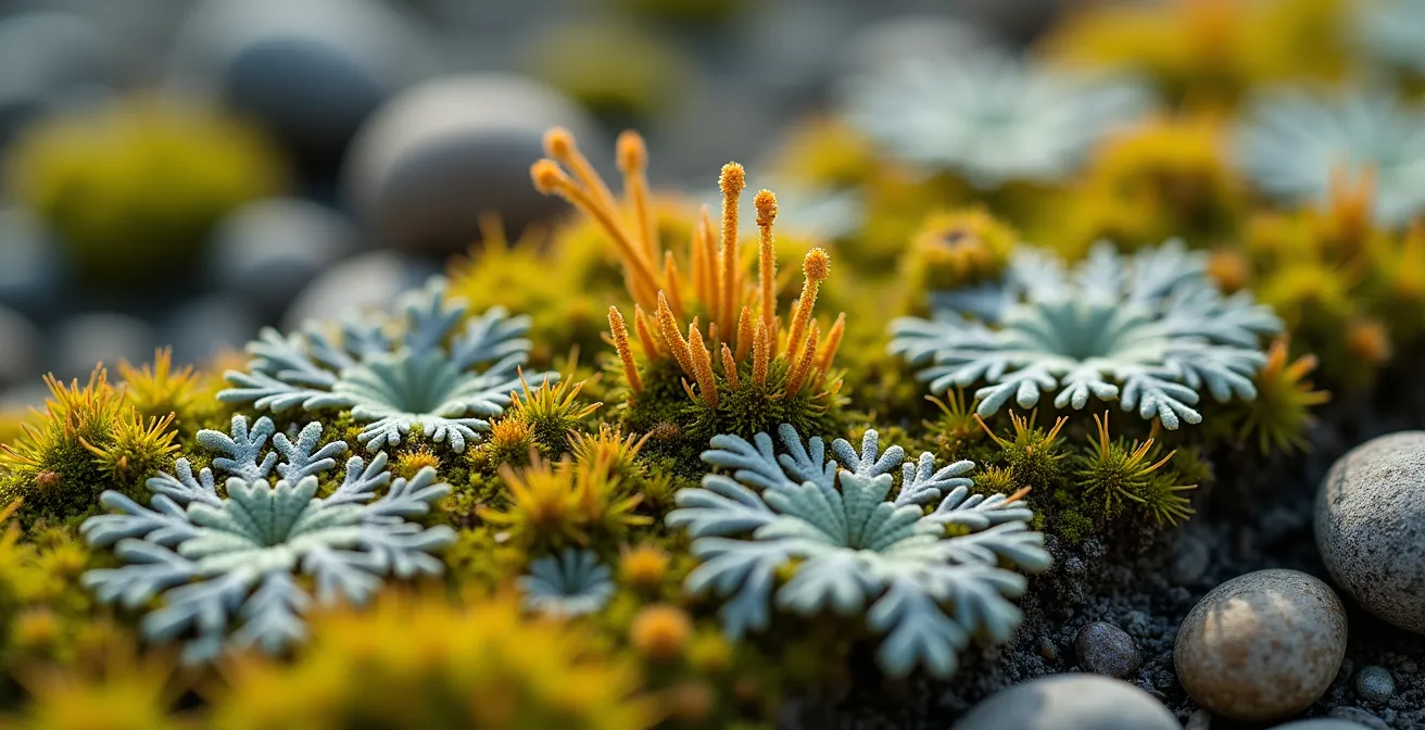 Extreme close-up of cryptobiotic soil crust showing intricate lichen and moss patterns