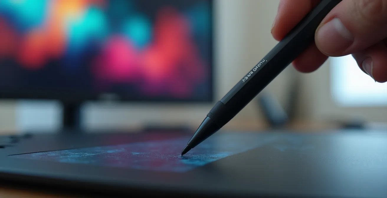 Extreme close-up of a digital artist's workspace showing pixel-level detail work