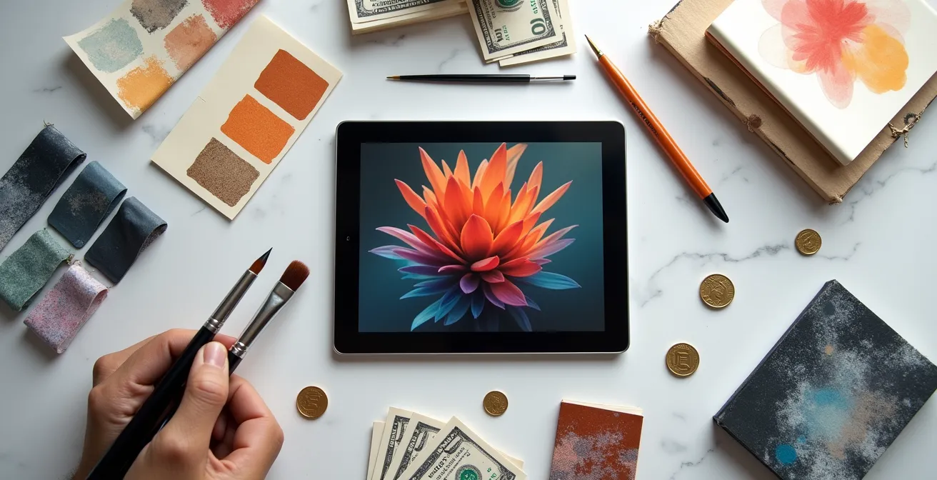 Layered visualization of interconnected digital creative products and revenue streams