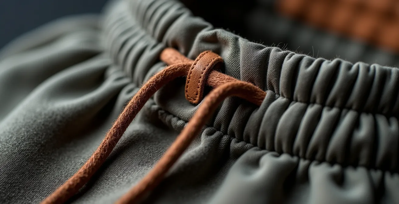 Detailed view of tailored jogger waistband modifications showing professional finishing