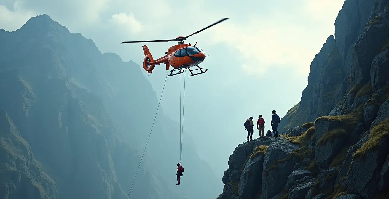 Mountain rescue helicopter hovering above remote alpine terrain during evacuation