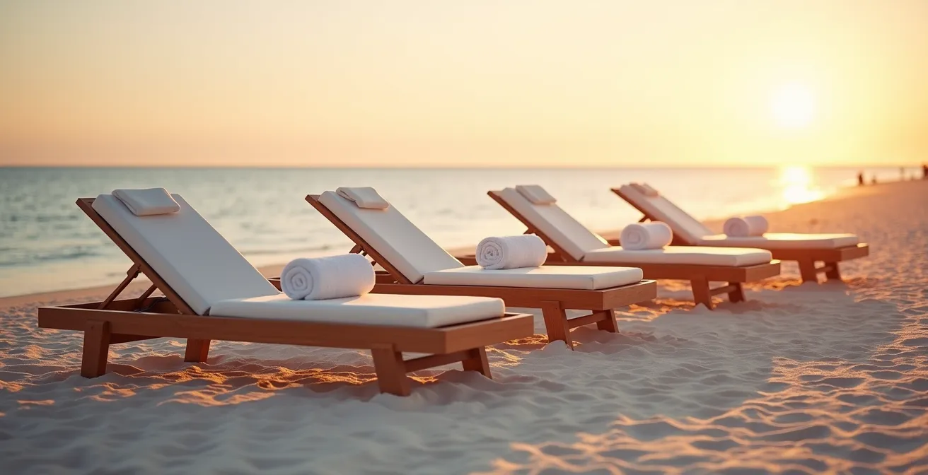 Row of empty beach loungers on pristine sand during sunrise with long shadows