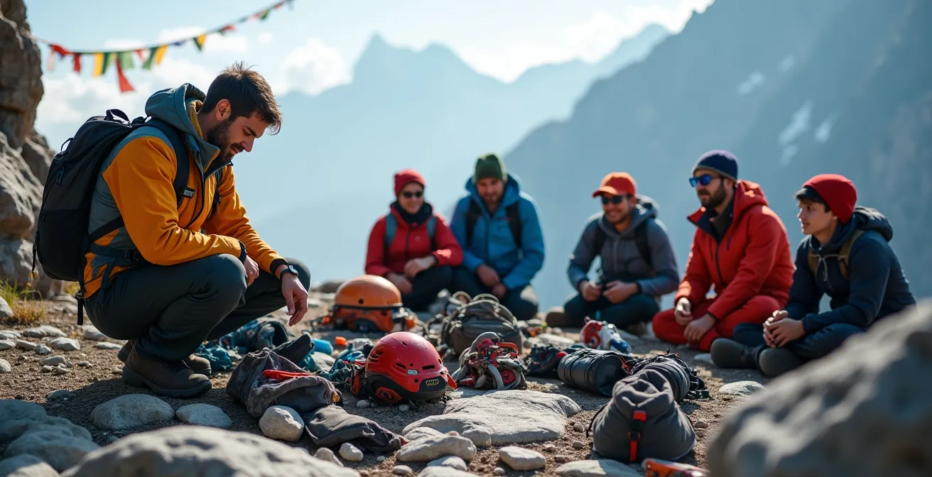 Professional mountain guide checking equipment with small expedition group