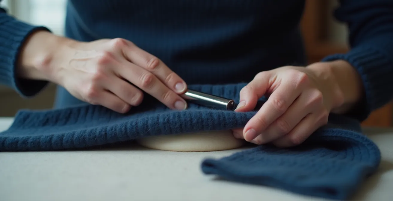 Professional demonstrating the tension method for safe fabric shaving on cashmere