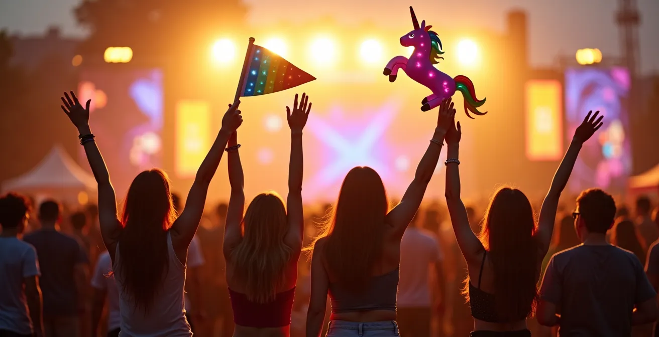 Festival-goers holding unique totems above crowd at sunset