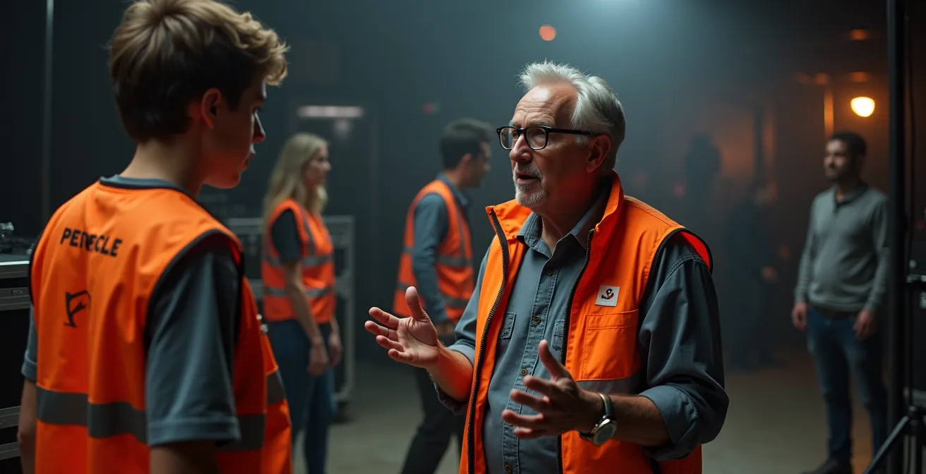 Festival volunteer in conversation with industry professional backstage at screening venue