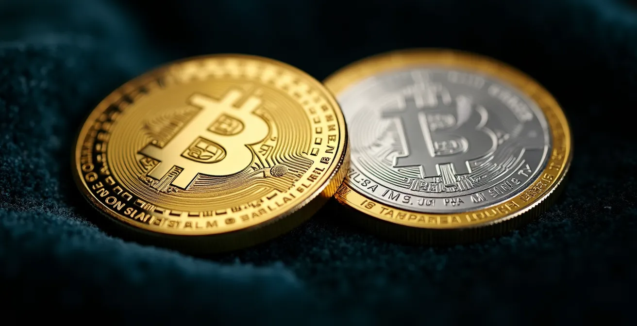 Side-by-side comparison of gold and silver coins with contrasting lighting showing their different characteristics