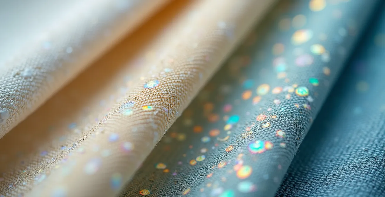 Extreme close-up of organic cotton fabric with certification badge texture