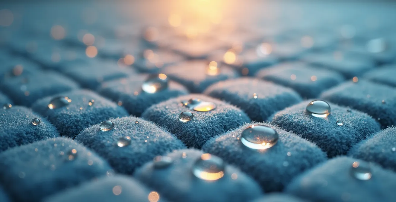 Macro view of grid fleece fabric showing moisture-wicking channel structure