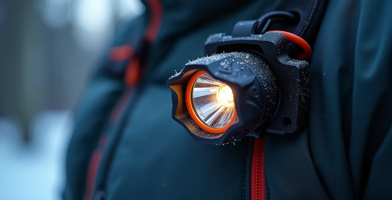 Close-up of hiker's headlamp with external battery pack stored inside jacket for warmth