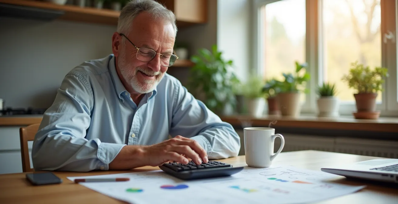 Homeowner at desk calculating energy efficiency rebate savings with calculator