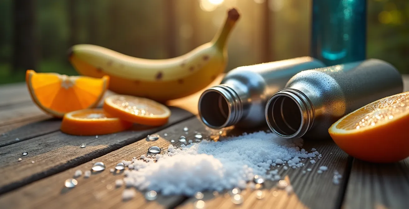 Close-up of water bottles and electrolyte supplies at festival campsite