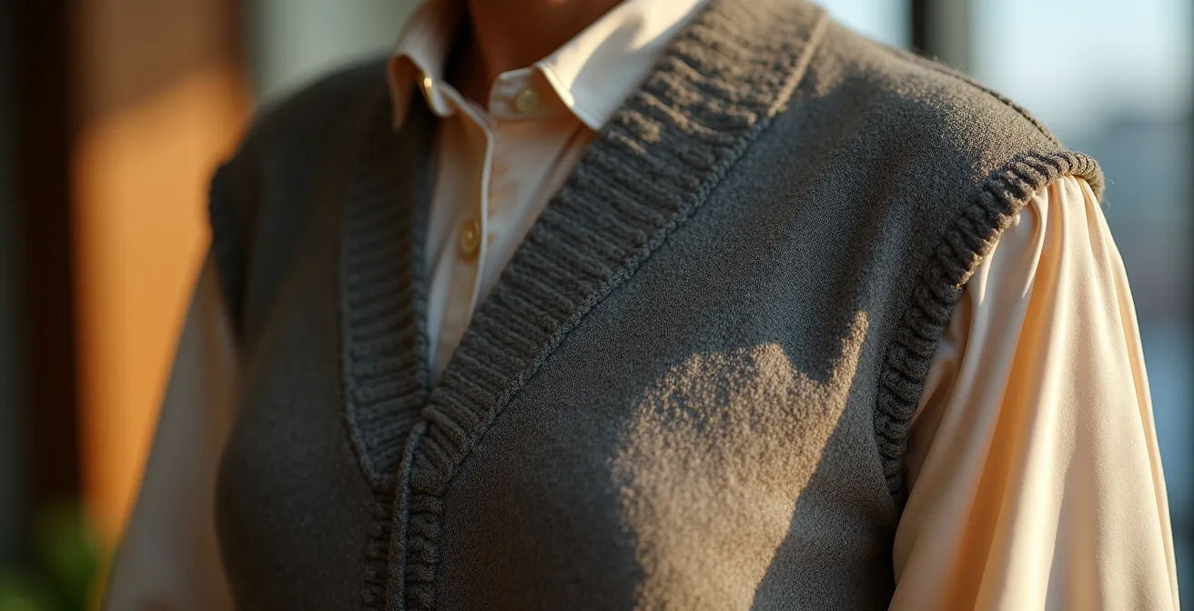 Close-up detail of layered professional outfit with crop top over shirt