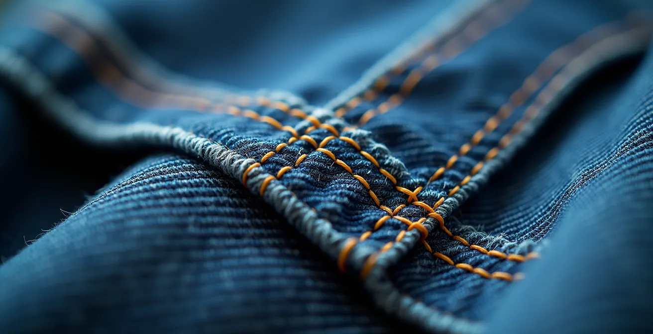 Close-up detail of denim hem showing original factory stitching and texture