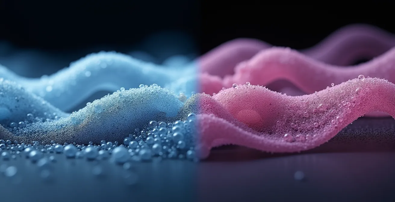 Extreme close-up microscopic view of recycled polyester fiber surface showing micro-pitting and texture differences