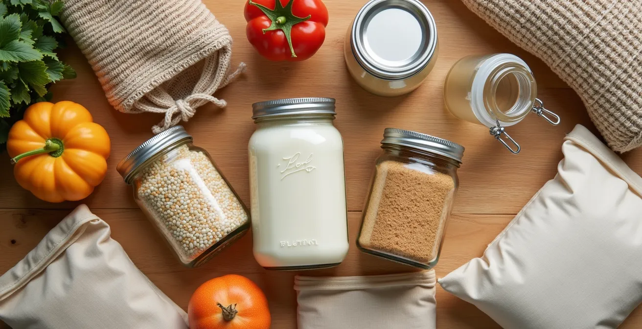 Organized collection of reusable bulk shopping containers and bags arranged on a clean surface