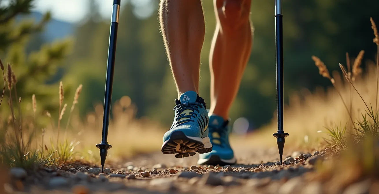 Athletic figure demonstrating Nordic walking pole push-off technique on trail