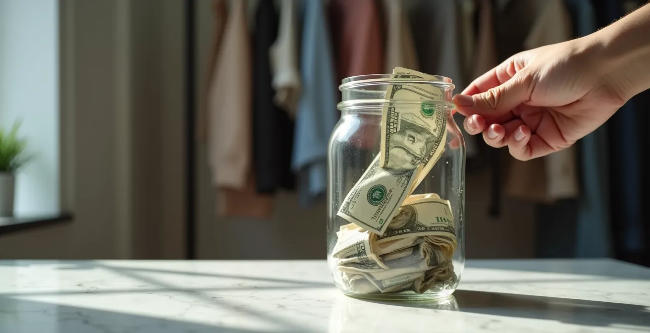 Person placing money into a glass jar labeled with fashion items crossed out
