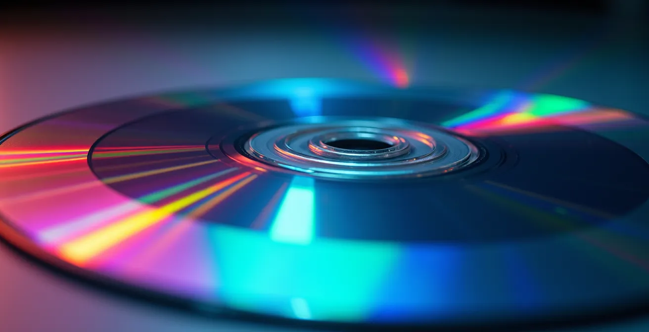 Macro shot of blu-ray disc surface showing prismatic light reflections
