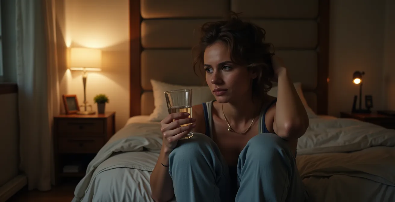 A person in a peaceful, dimly lit room, showing a mix of relief and exhaustion after a concert, holding a glass of water.