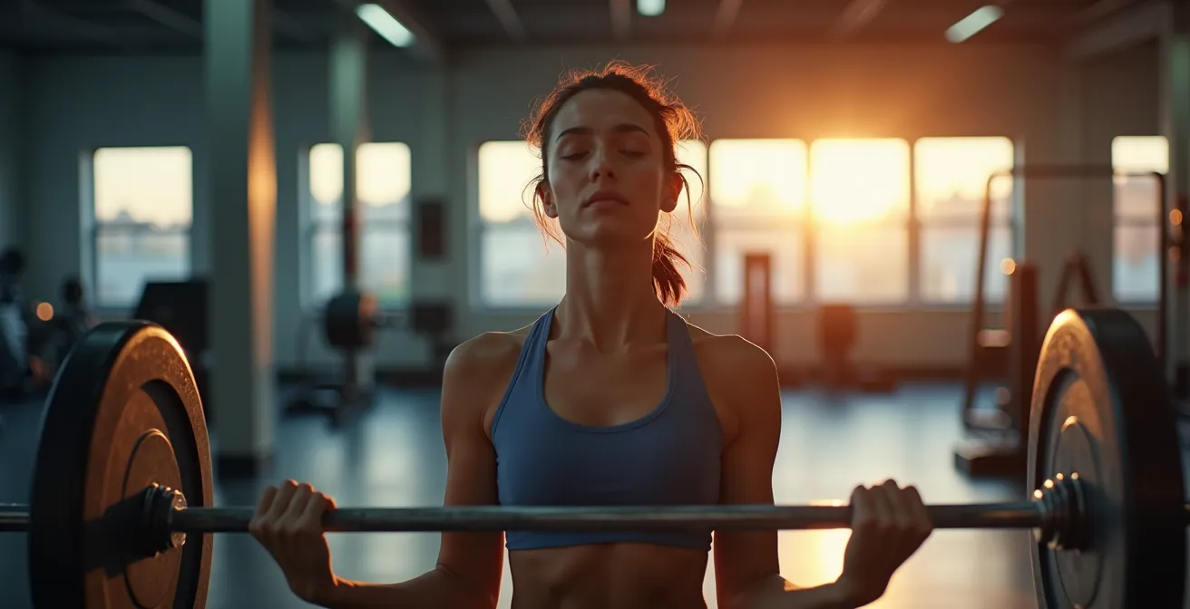 Early morning gym scene with a focused athlete preparing for a workout