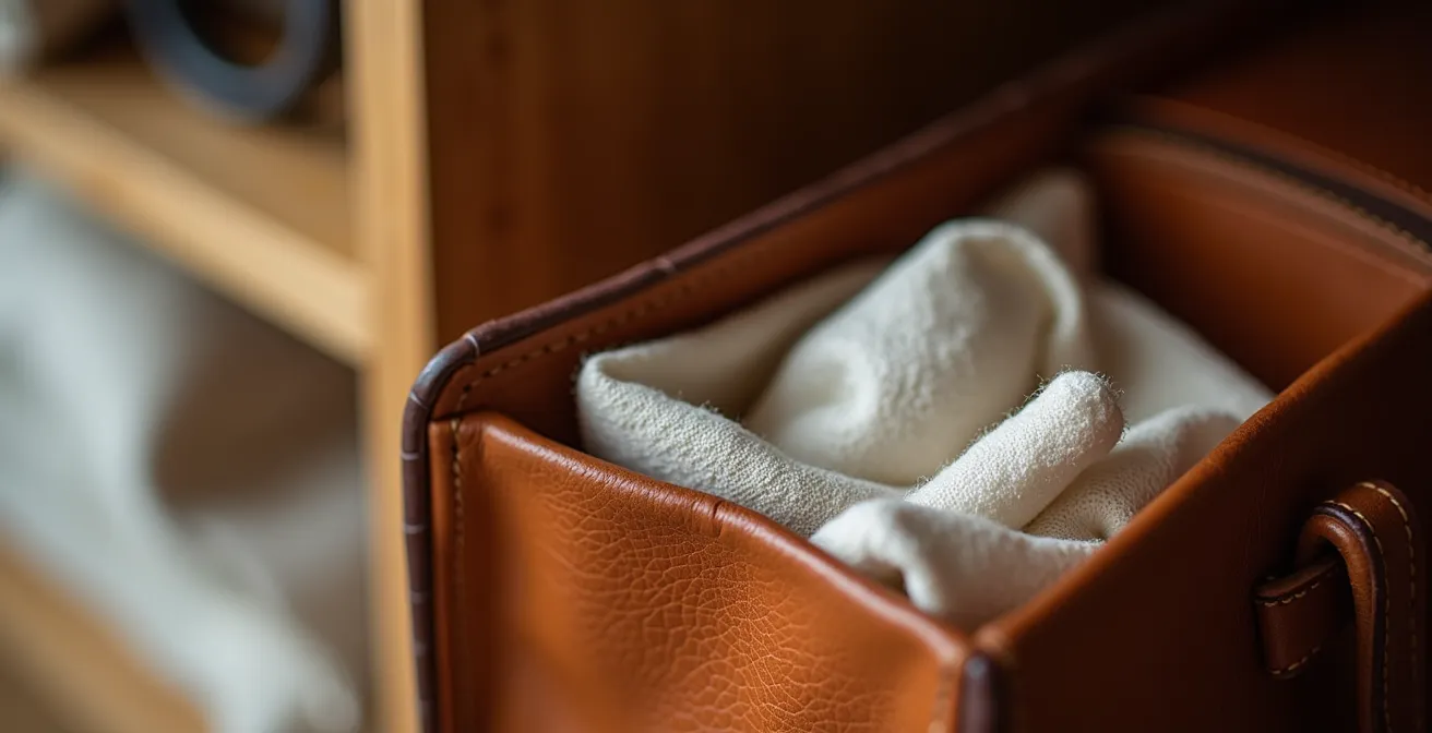 Professional leather bag storage setup showing preservation methods