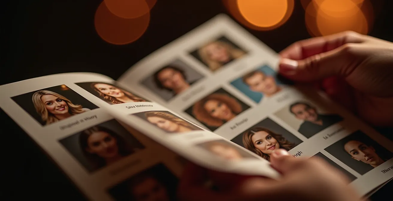 Close-up of hands holding an open playbill with selective focus on cast photos