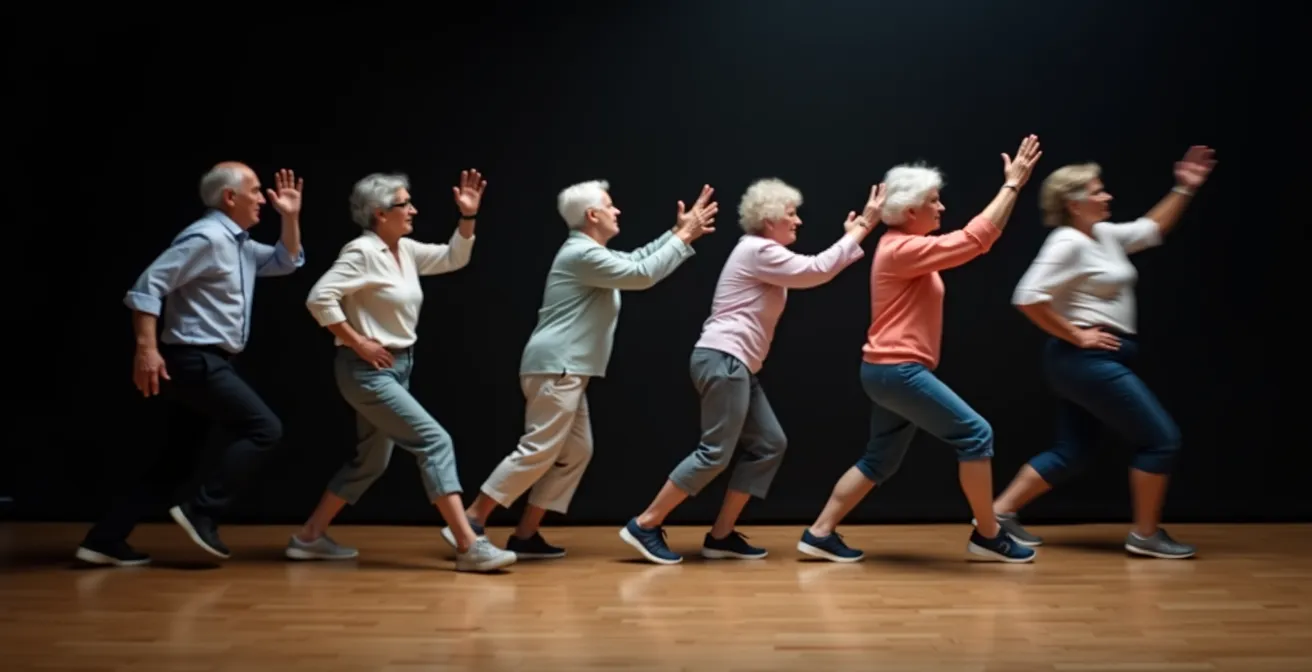Group of older adults engaged in coordinated dance movement class