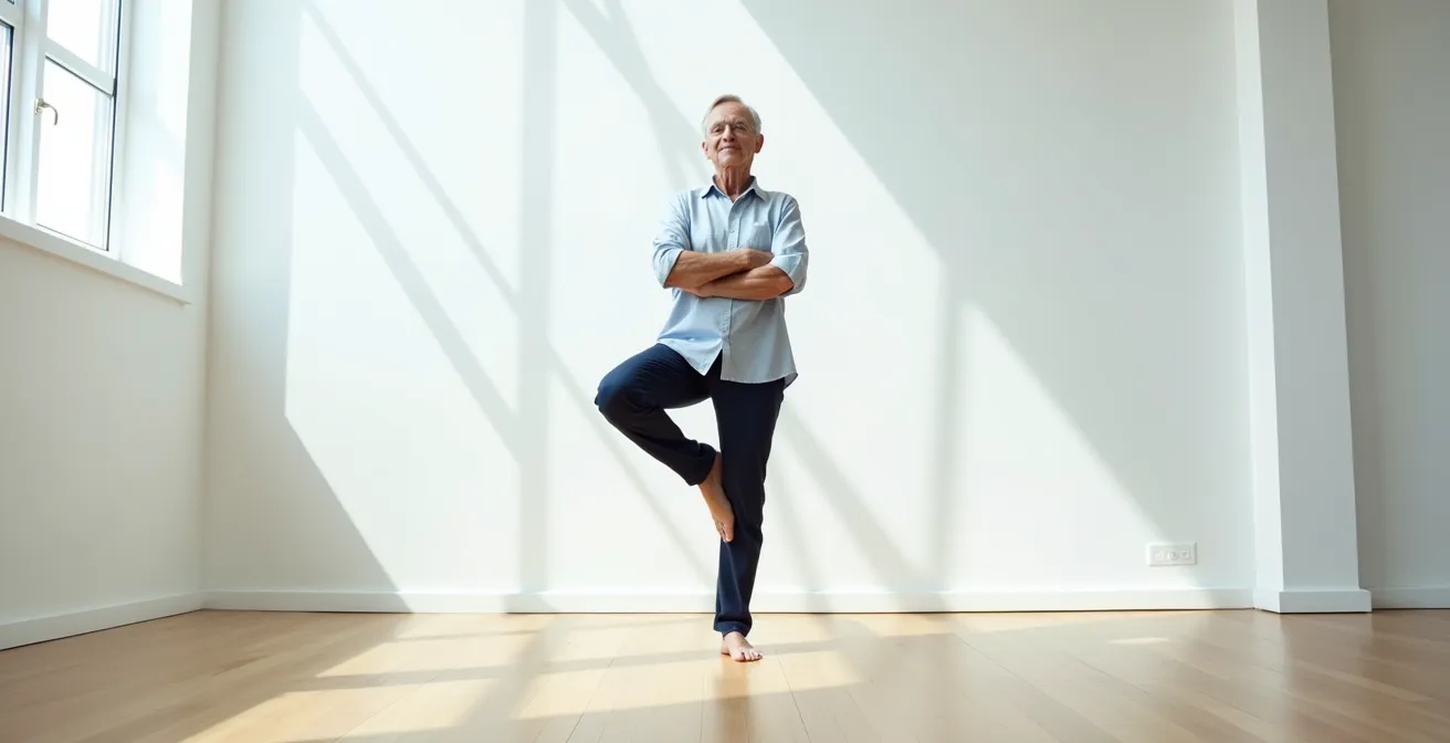 Senior performing single-leg balance test with focused concentration