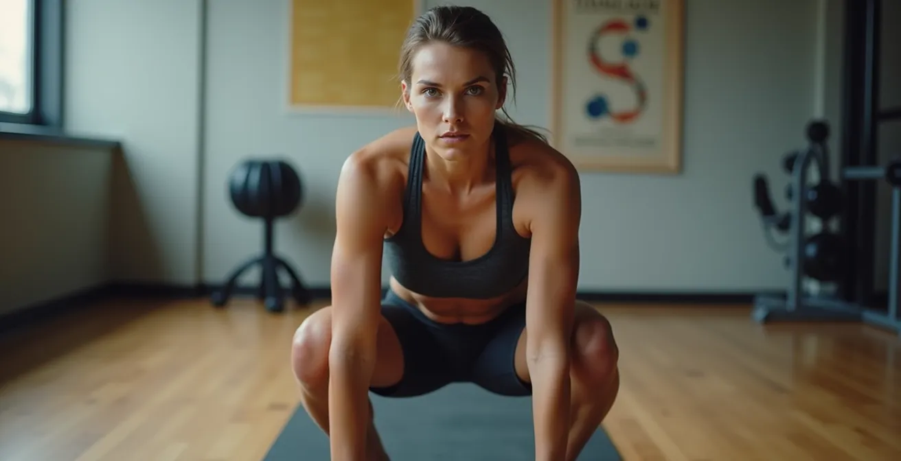 Person performing single-leg squat test for knee assessment in minimal gym setting