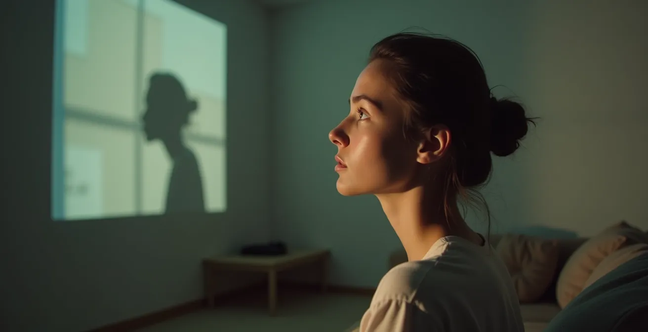 Person experiencing meditative film watching in minimalist home cinema