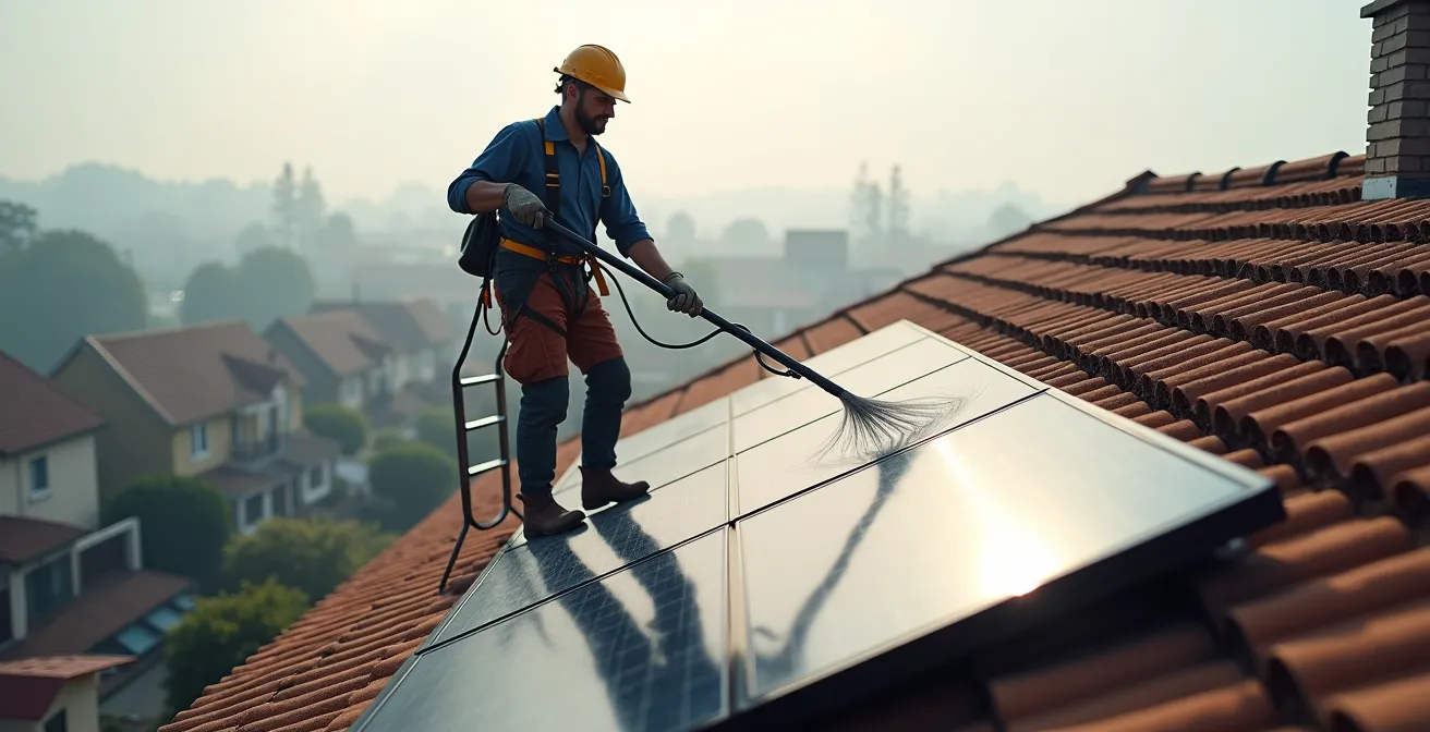 Wide shot of professional cleaner using extension pole system on solar panels avoiding direct roof contact