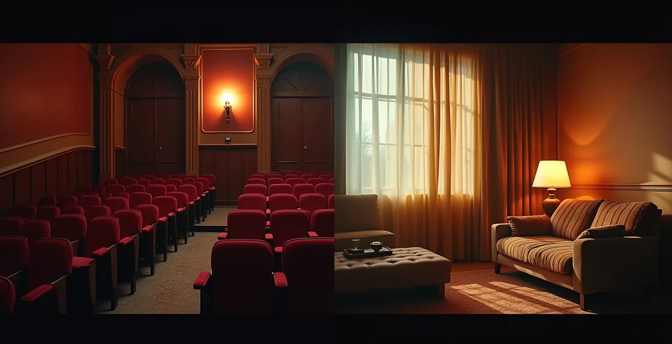 Empty mid-size theater contrasted with busy streaming setup at home