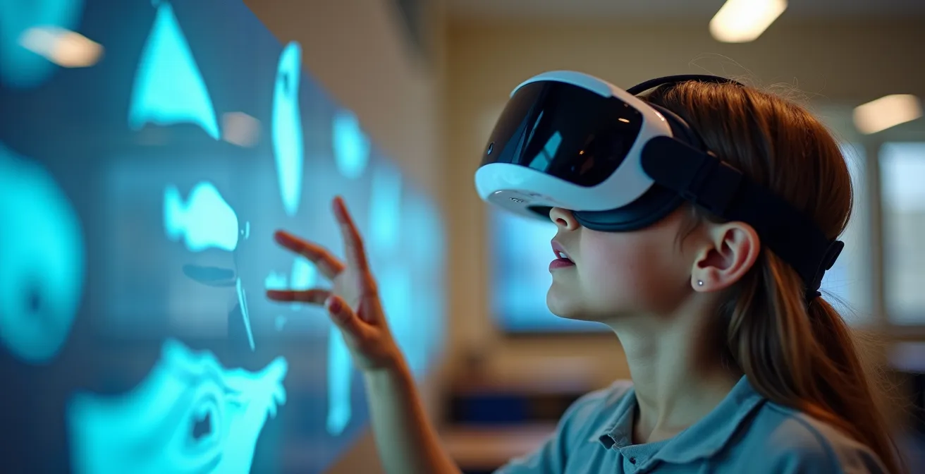 Student wearing VR headset in museum education space with holographic historical artifacts floating in air