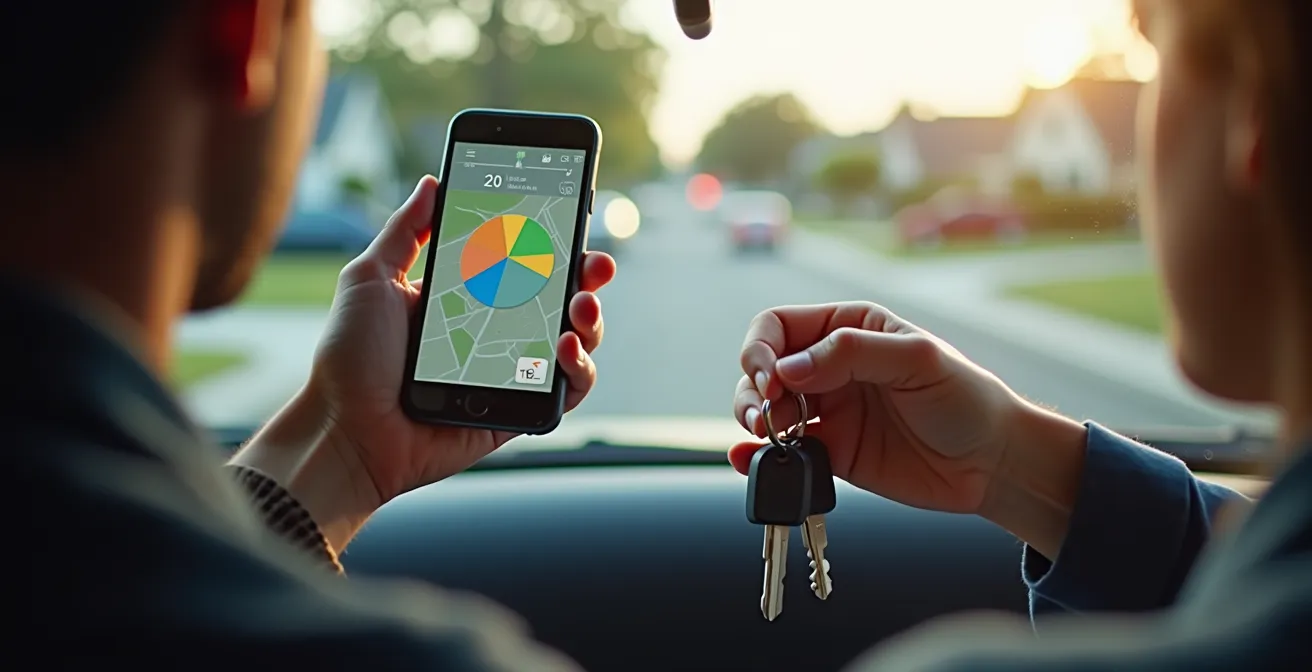 Split composition showing car-sharing app interface on phone versus car keys, both held in hands