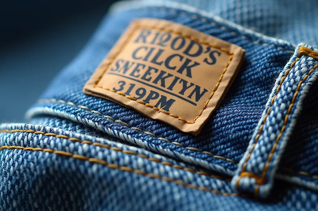 Extreme close-up of vintage Y2K denim tag showing authentic stitching and label details