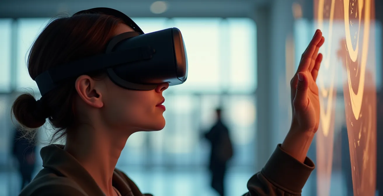 Person wearing VR headset experiencing virtual art gallery