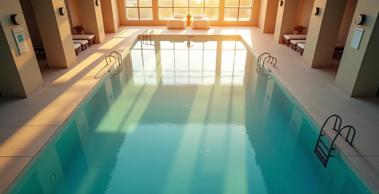 Therapeutic pool showing temperature gradient visualization with rehabilitation equipment