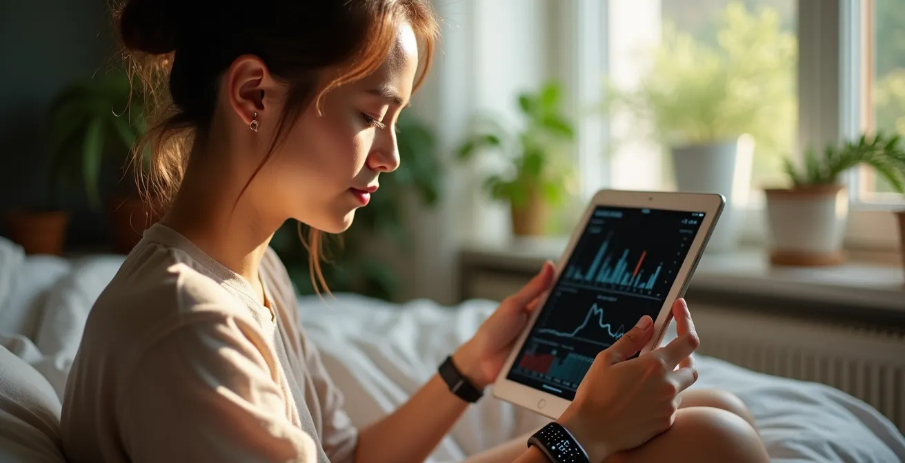 Person reviewing weekly health data on tablet with wearable device nearby