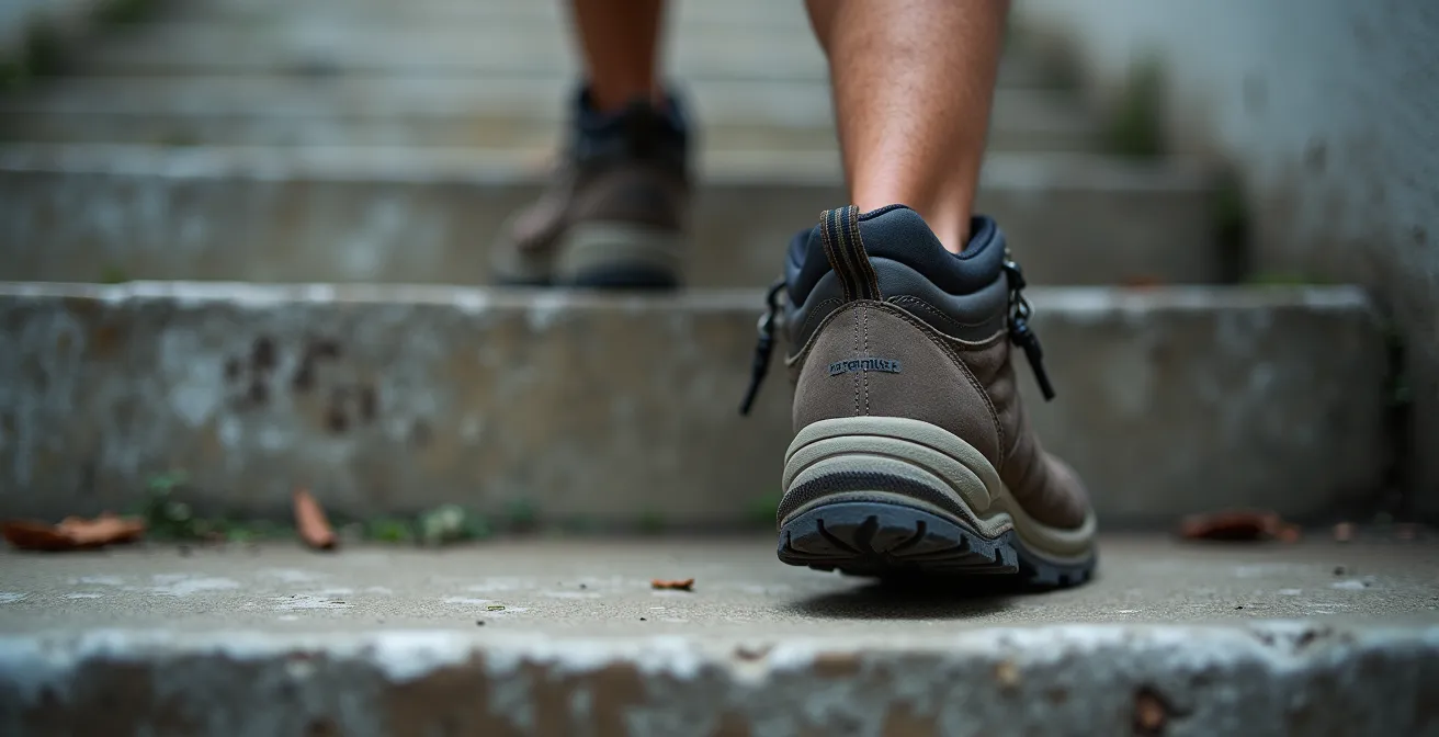 Close-up of hiker's legs demonstrating eccentric muscle control during weighted stair descent
