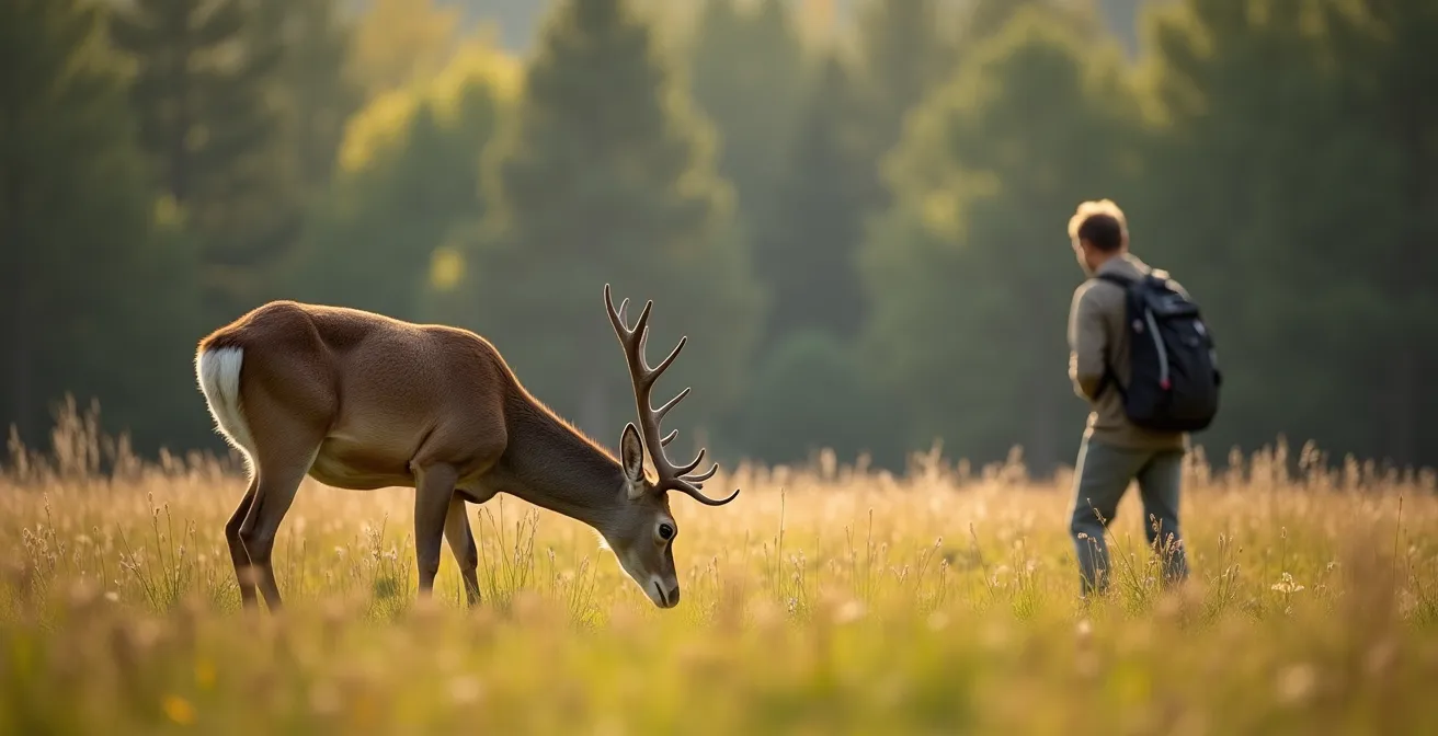 A deer in its natural habitat viewed from a respectful distance showing proper wildlife observation
