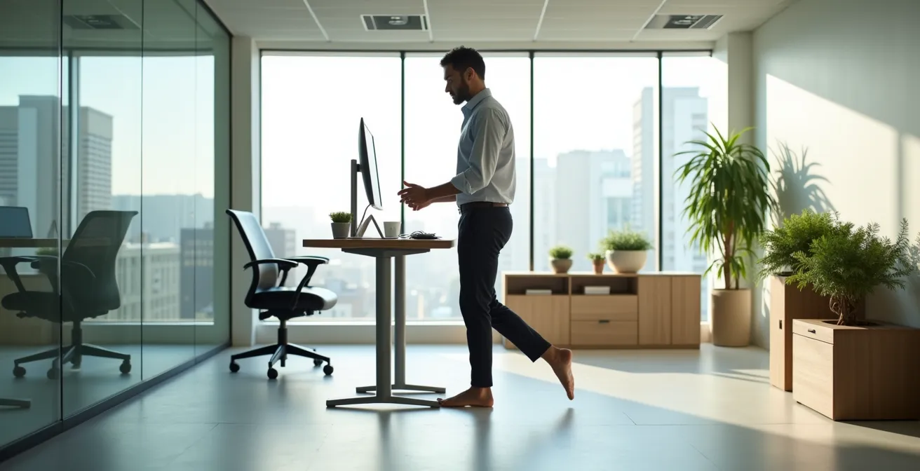 Professional in business attire doing subtle calf raises at standing desk
