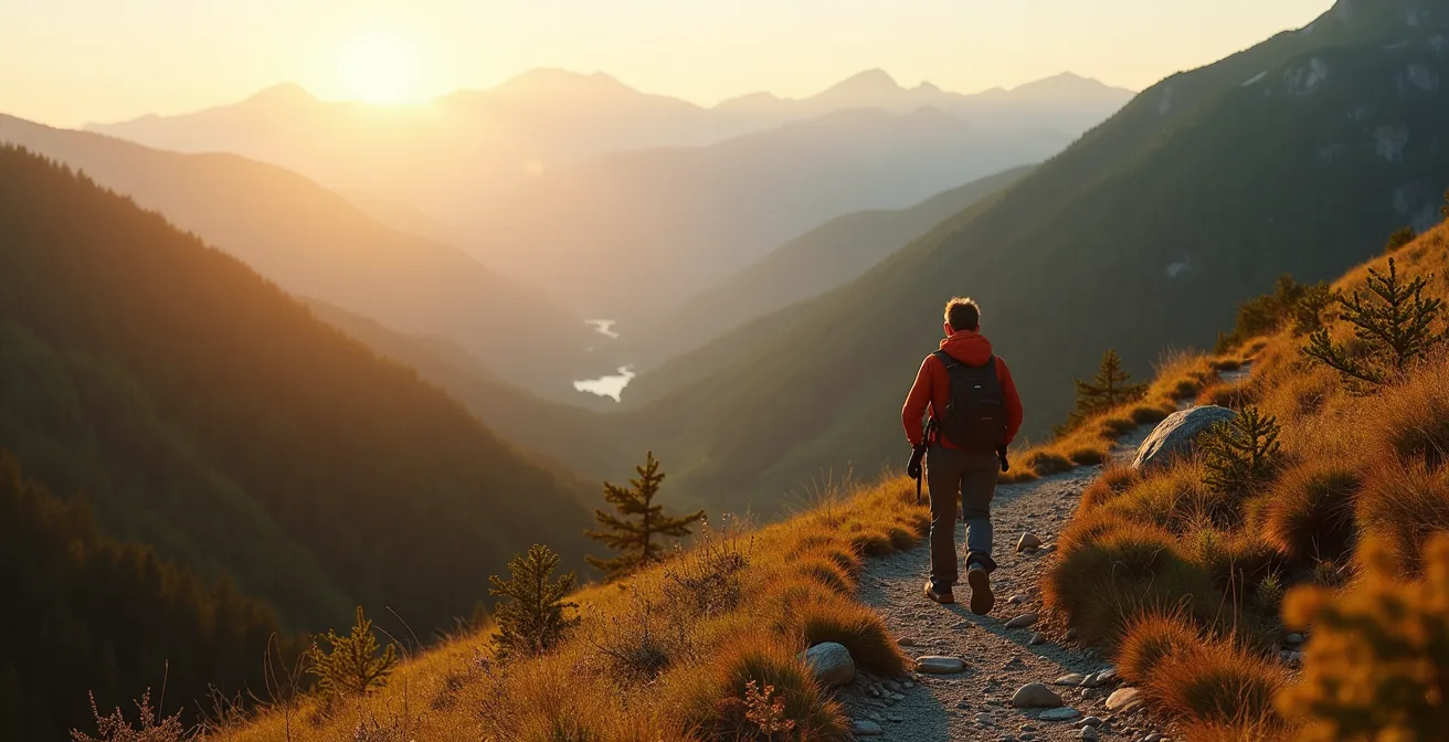 Wide shot of person hiking at moderate pace in nature demonstrating zone 2 effort